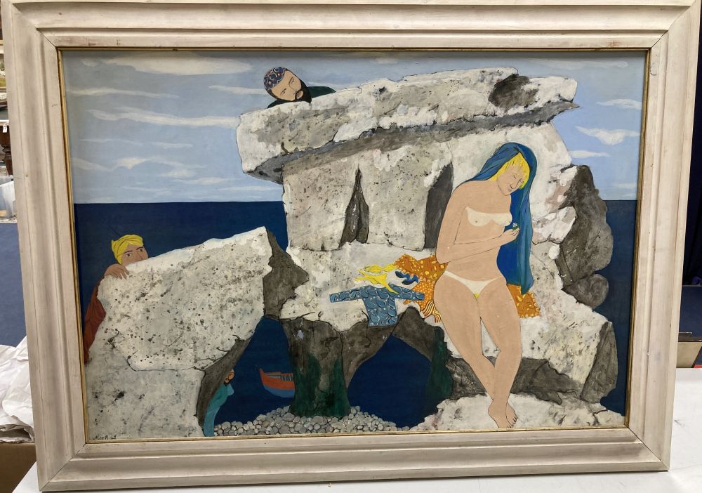 Moon (Modern British), oil on board, Nude sunbather and onlookers, signed and dated 64, 60 x 87cm